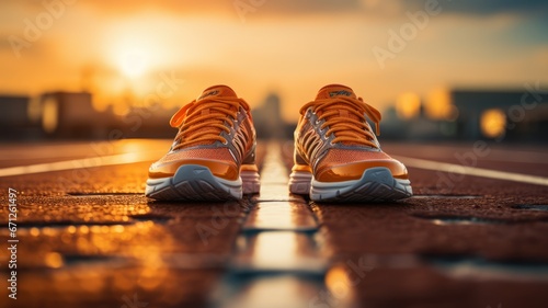 Cheerful sneakers glow in the sunny, golden morning city. photo