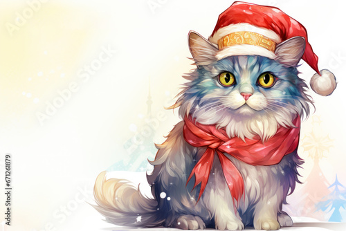 Watercolor Cat in christmas hat