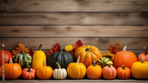 Pumpkins and leaves on wooden background with Copy space for text, Autumn, fall Decoration for thanksgiving day or Halloween concept