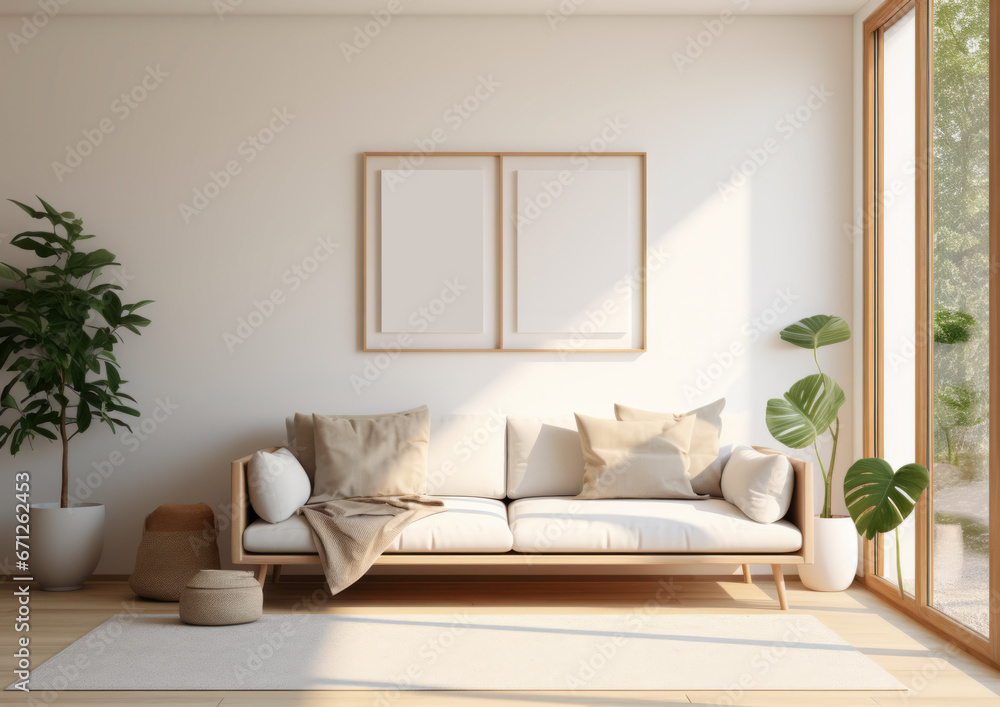 Fototapeta premium Wall art empty picture frame mockup on wooden desk, wall, table. Vase with olive branches, cactus. Elegant working space, home office concept.