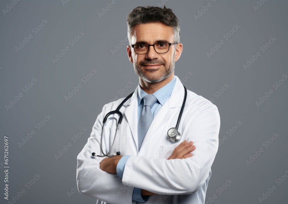 Healthcare, medical staff doctor concept. Portrait of smiling male doctor posing with folded arms on grey or white studio background with free space. Professional general practitioner photo. Healthcare, medical staff doctor concept. Portrait of smiling male doctor posing with folded arms on grey or white studio background with free space. Professional general practitioner photo.