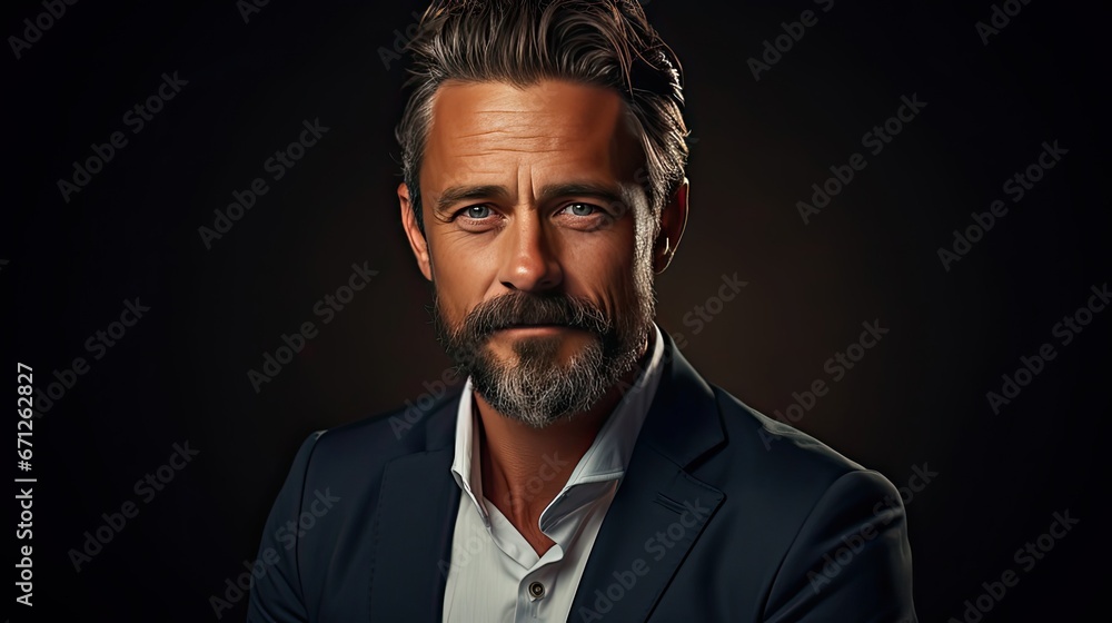 Good-looking middle-aged businessman with arms crossed in background. Man portrait illustration. Generative AI Good-looking middle-aged businessman with arms crossed in background. Man portrait illustration. Generative AI