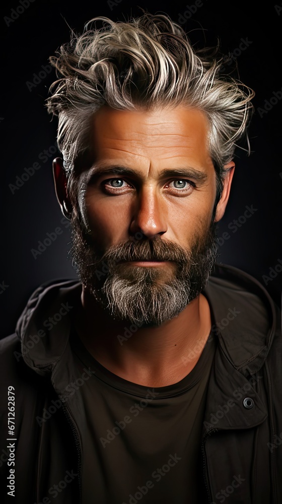 Fototapeta premium Portrait of beautiful mature blonde bearded guy with trendy hairdo in casual grey shirt smiling and looking in camera. Man face portrait illustration. Generative AI
