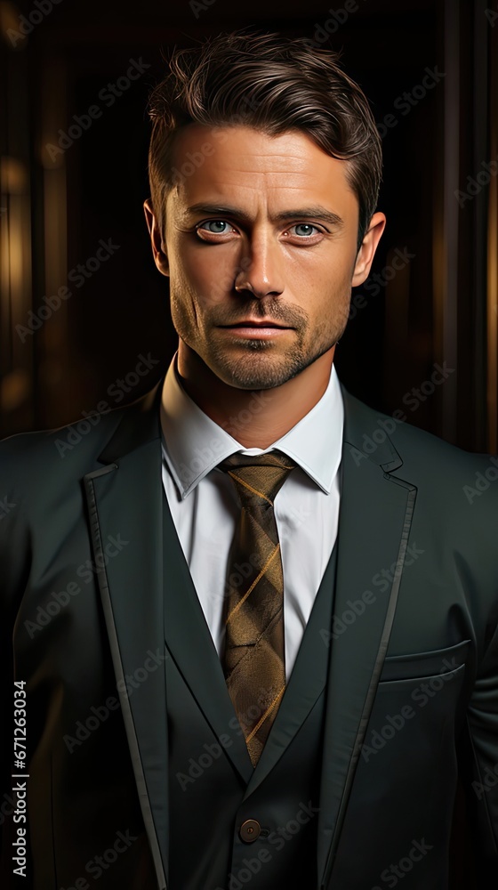 Business, people and office concept - happy smiling businessman in dark grey suit. Man portrait illustration. Generative AI Business, people and office concept - happy smiling businessman in dark grey suit. Man portrait illustration. Generative AI