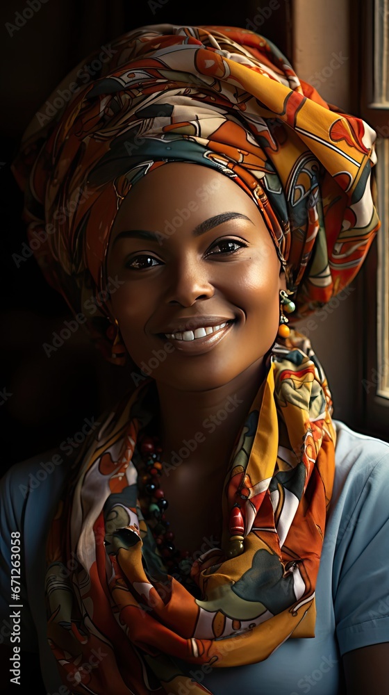 Portrait of a beautiful african woman smiling while looking at camera. Mid adult woman with traditional african headscarf stay at home and smiling. Smile emotion illustration. Generative AI art