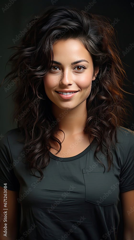 Close up face of young woman with beautiful smile on grey wall with copy space. Latin woman looking at camera against gray wall with a big whitening teeth smile. Generative AI art Close up face of young woman with beautiful smile on grey wall with copy space. Latin woman looking at camera against gray wall with a big whitening teeth smile. Generative AI art