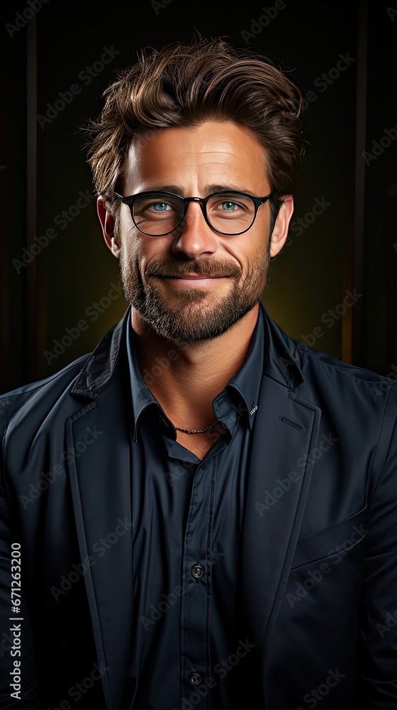 Obraz premium Handsome businessman wearing glasses standing with arms crossed to chest and posing happy on background. Man portrait illustration. Generative AI