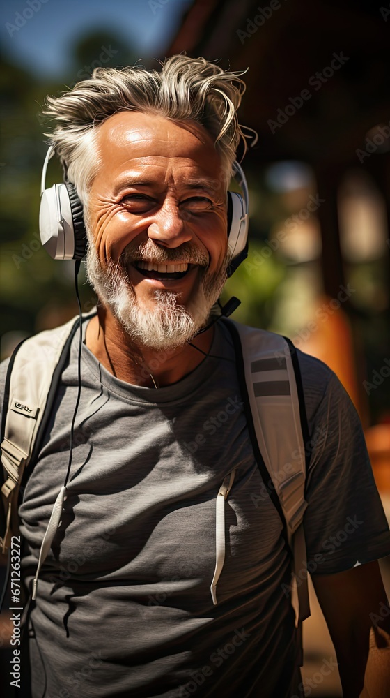 Portrait of a senior man in fitness wear running in a park. Close up of a smiling man running while listening to music using earphones. Man portrait illustration. Generative AI Portrait of a senior man in fitness wear running in a park. Close up of a smiling man running while listening to music using earphones. Man portrait illustration. Generative AI