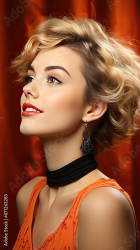 Profile side view portrait of attractive cheerful girl demonstrating copy space ad new over background. Smile emotion illustration. Generative AI