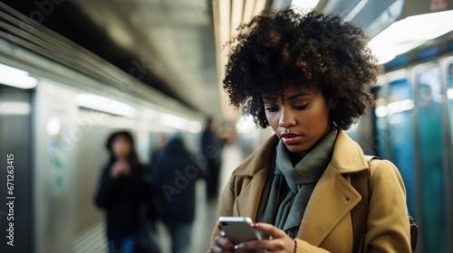 Candid morning shot of a black woman using her smartphone during her subway commute, engrossed in work and connectivity, generative ai