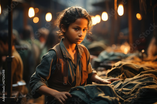 An image of child laborers in a factory, highlighting the need to address child labor issues globally. Concept of child welfare. Generative Ai. © Sebastian
