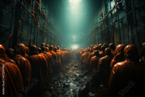 A photo of an overcrowded prison, raising awareness about issues related to criminal justice and penal reform. Concept of prison reform. Generative Ai. photo