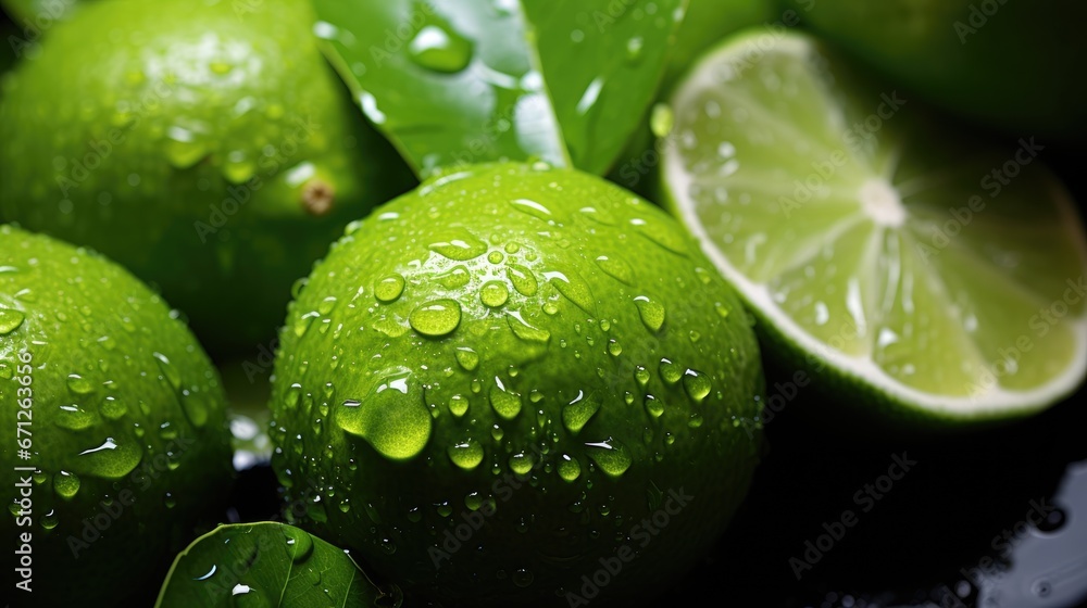 a group of limes with water droplets on them and a slice of lime in the middle of the picture. generative ai a group of limes with water droplets on them and a slice of lime in the middle of the picture. generative ai