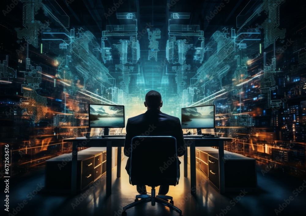 Engineer IT silhouette in big database server center in office. Ultra high speed data server transfer. Technology science background concept Engineer IT silhouette in big database server center in office. Ultra high speed data server transfer. Technology science background concept
