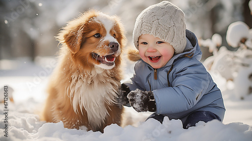 cute happy baby playing with dog in winter outside