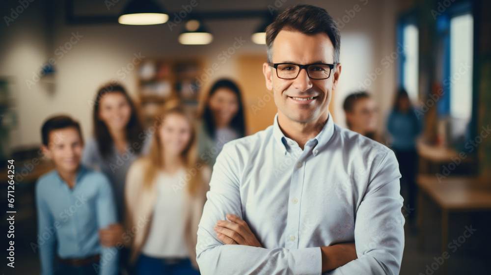 Fototapeta premium Portrait of smiling male teacher in a class at elementary school looking at camera with learning students on background. AI Generative