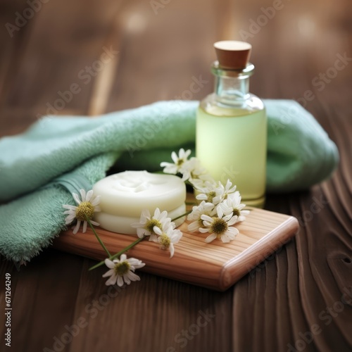 spa still life with soap and chamomile. 