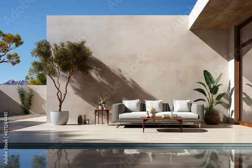 a pool backyard with a light concrete wall, photorealistic. AI generative
