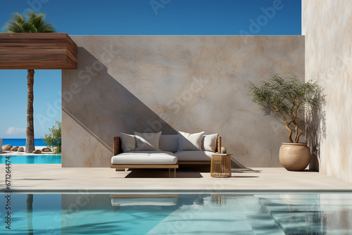 a pool backyard with a light concrete wall, photorealistic. AI generative