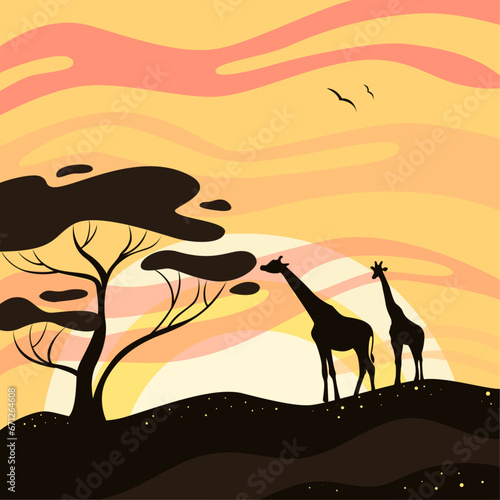 giraffe at sunset, silhouette of a giraffe on the background of sunset in the savannah, africa landscape, world of wildlife, family of giraffes in the savannah 
