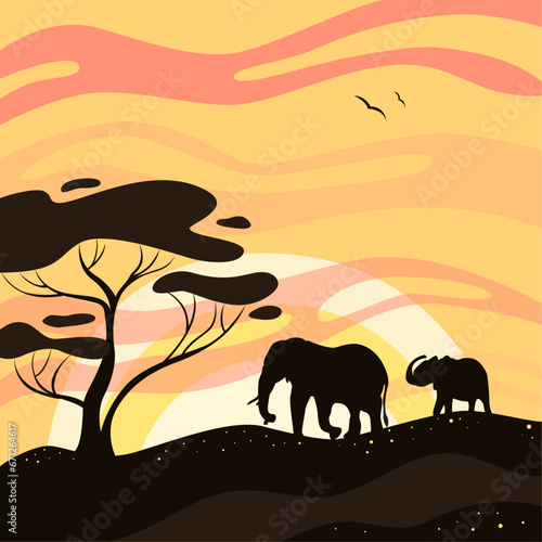 elephants at sunset, silhouette of an elephant on the background of sunset in the savannah, africa landscape, world of wildlife 