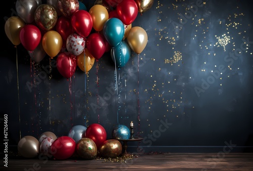 colourful balloons with golden confetti on the table in t