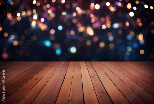 colorful background with wooden floor and lights in blurred Christmas market background