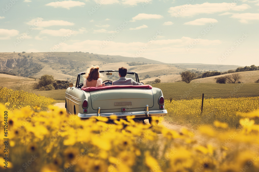 Fototapeta premium A lovely couple has romantic spending time rest in cabriolet on flowers meadows