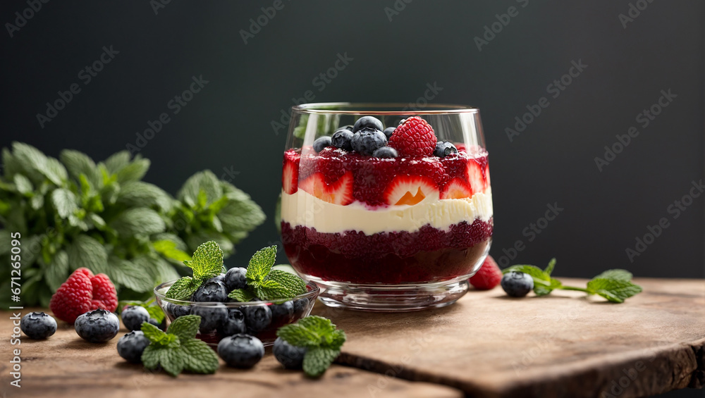 Dessert panna cotta with blueberries, mint, raspberries Dessert panna cotta with blueberries, mint, raspberries