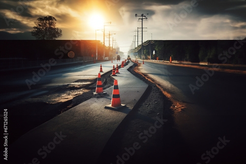 reprise de la chaussée. Travaux de bitume bicouche aux abords d'une zone industrielle au lever du jour. on voit le marquage de la zone par des cônes routiers BTP travaux de voirie