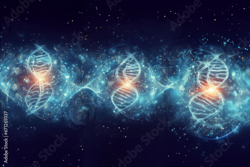 Structure à double hélice, modèle de structure moléculaire des brins d'ADN, Acide désoxyribonucléique, génétique. 3 structures avec des particules et symboles scientifiques bleus clairs sur fond bleu  photo