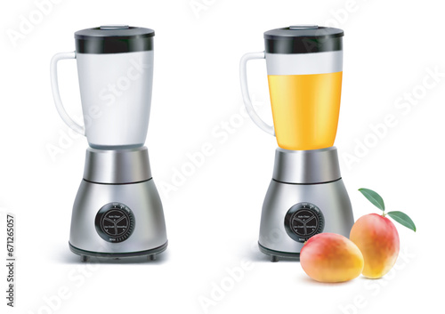 Set of Realistic Juicer blender. Kitchen blender with mango juice and empty, drink 3d mixer isolated. Vector EPS 10
