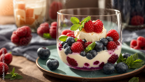Dessert panna cotta with blueberries, mint, raspberries