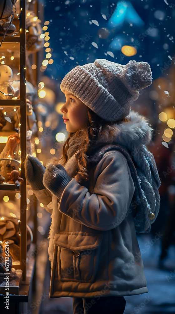 a cute little girl in a knitted hat looks at shop windows with Christmas decor in winter