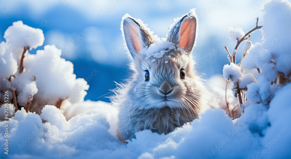 cute little fluffy rabbit in the snow