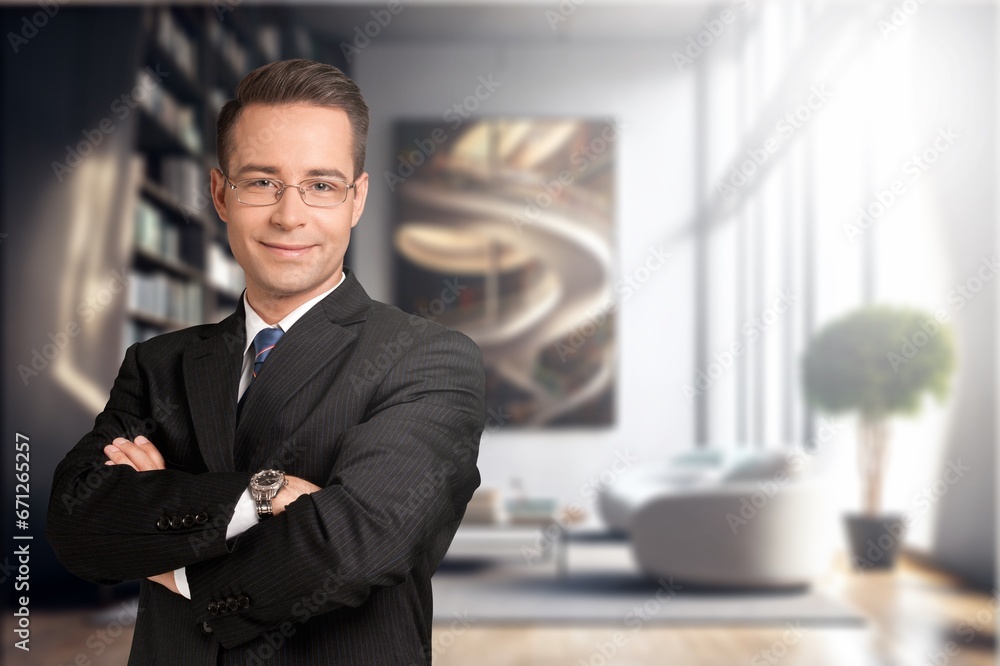Fototapeta premium Happy confident business man professional with arms crossed, AI generated image