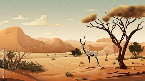  a painting of a desert scene with an antelope in the foreground and a bird in the distance.  generative ai