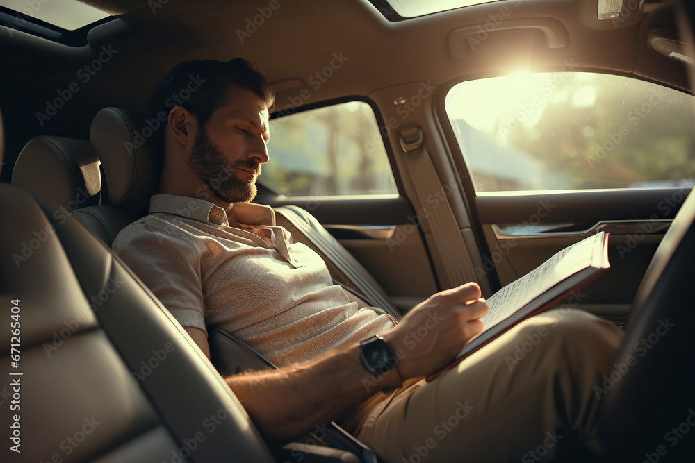 Attractive male is reading on passenger seat while going on car threw city Attractive male is reading on passenger seat while going on car threw city