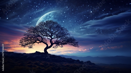 A lone tree on a hill silhouetted against a starry sky.