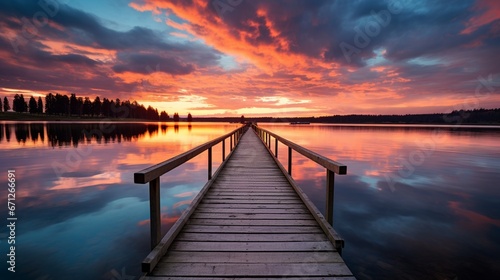 A long pier extending into a calm lake at sunset.