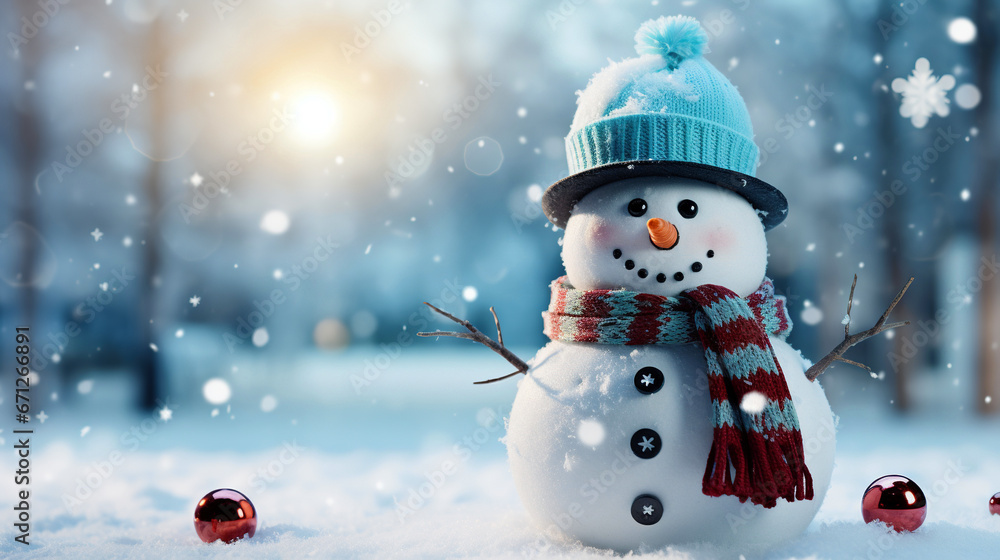 Obraz premium Winter snowman in snowy landscape at sunset, generative ai