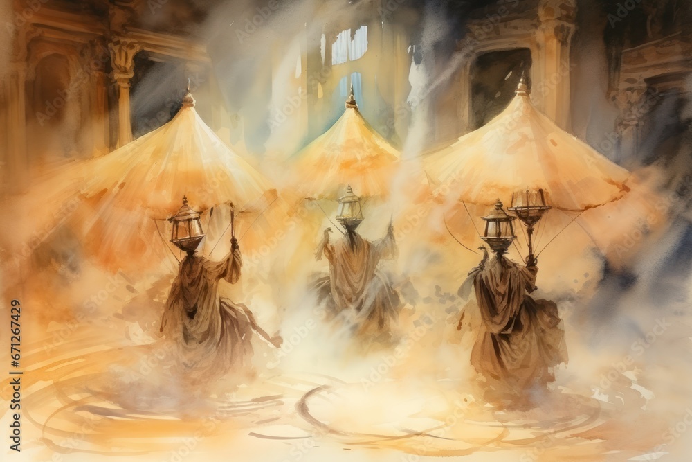 Fototapeta premium Whirling sandstorm djinns, granting three wishes to those who find their lamp - Generative AI
