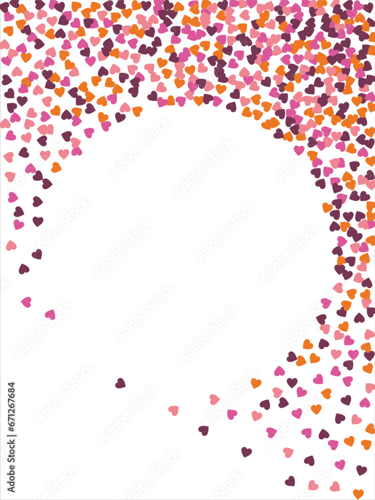 Bright hearts confetti corner frame on white background. Valentine's Day. Banner template. Space for text. illustration.