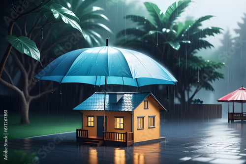 house waterproofing concept, house under an umbrella on a minimalist background