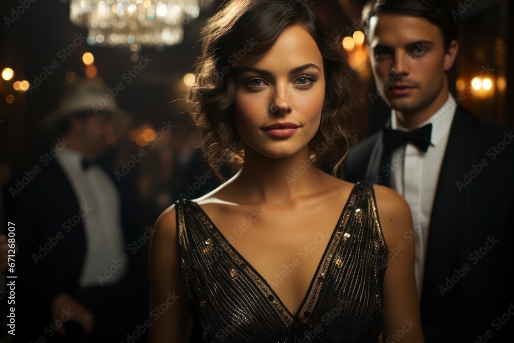 An Art Deco-inspired cocktail party with stylish attendees dressed in 1920s fashion, portrait of woman