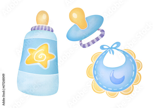 Newborn boy set blue cute pacifier, baby bottle,  bib, apron. Hand drawn watercolor illustration isolated on transparent background. cut out stickers collection of newborn things hand painted art