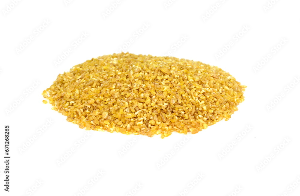Pile of bulgur raw grain isolated at white background. Pile of bulgur raw grain isolated at white background.