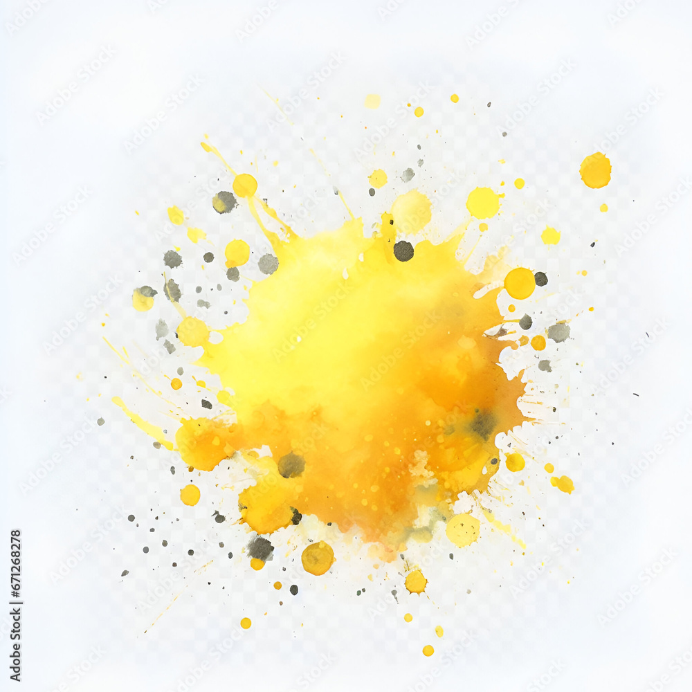Beautiful Creative Decorative Expressions Abstract Mix Spleen Bright Yellow Gold Star Sun Color on Grey Watercolor Paint Drops Explosion Wallpaper Texture Splat Splashes Stains, Transparent Background