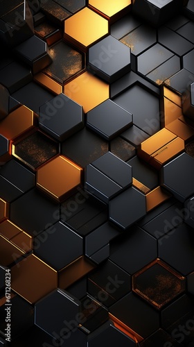Desktop background or wallpaper, scientific futuristic seamless background, in the form of dark black colored metal honeycombs, hexagons