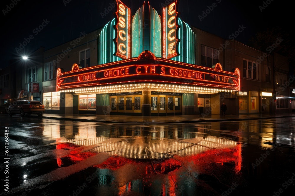 an Art Deco theater marquee illuminated at night - obrazy, fototapety, plakaty 